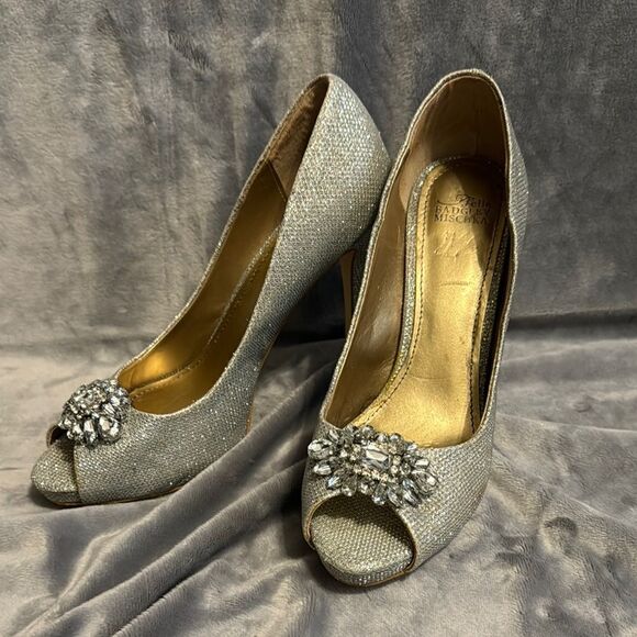 Badgley Mischka Silver Peep Toe Heels - Picture 1 of 11